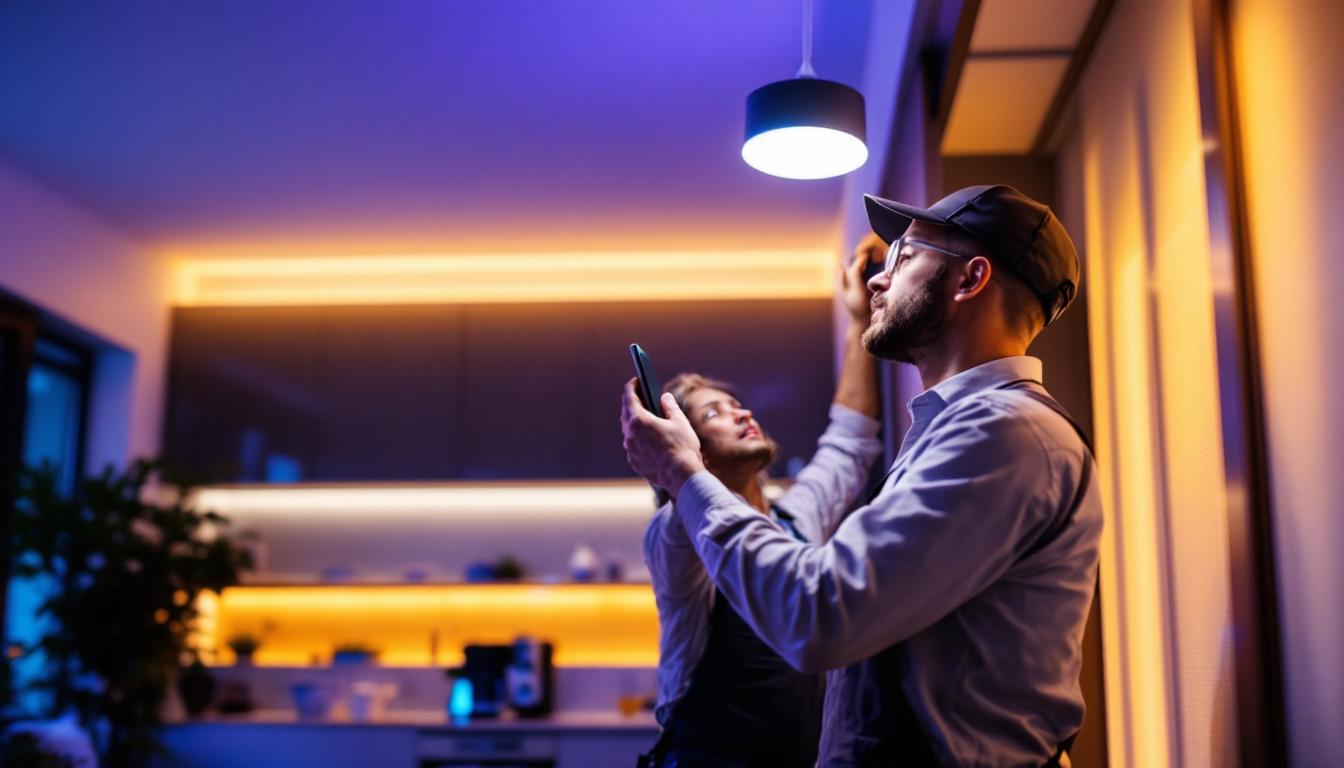 A photograph of a lighting contractor expertly installing uvo light fixtures in a modern residential setting