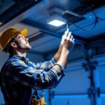 A photograph of a lighting contractor installing a garage light with a motion sensor
