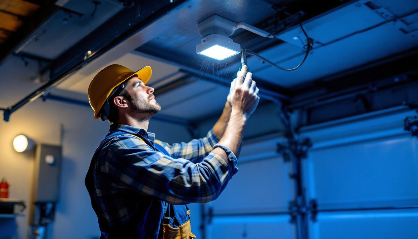 A photograph of a lighting contractor installing a garage light with a motion sensor