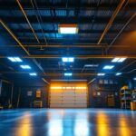 A photograph of a well-lit garage showcasing various overhead lighting fixtures in use