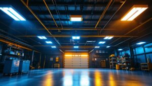 A photograph of a well-lit garage showcasing various overhead lighting fixtures in use