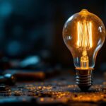 A photograph of a vintage light bulb glowing warmly in a dark setting