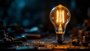 A photograph of a vintage light bulb glowing warmly in a dark setting