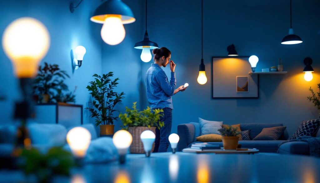 A photograph of a well-lit room showcasing a variety of led bulbs in stylish fixtures