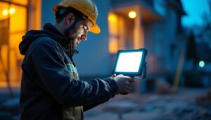 A photograph of a lighting contractor using a bright