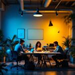A photograph of a well-lit workspace featuring a team engaged in a collaborative activity