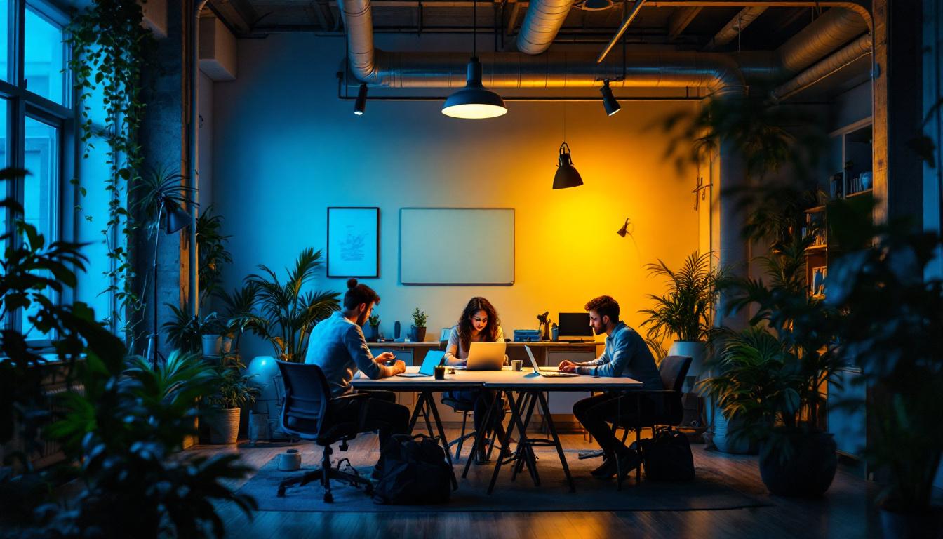 A photograph of a well-lit workspace featuring a team engaged in a collaborative activity