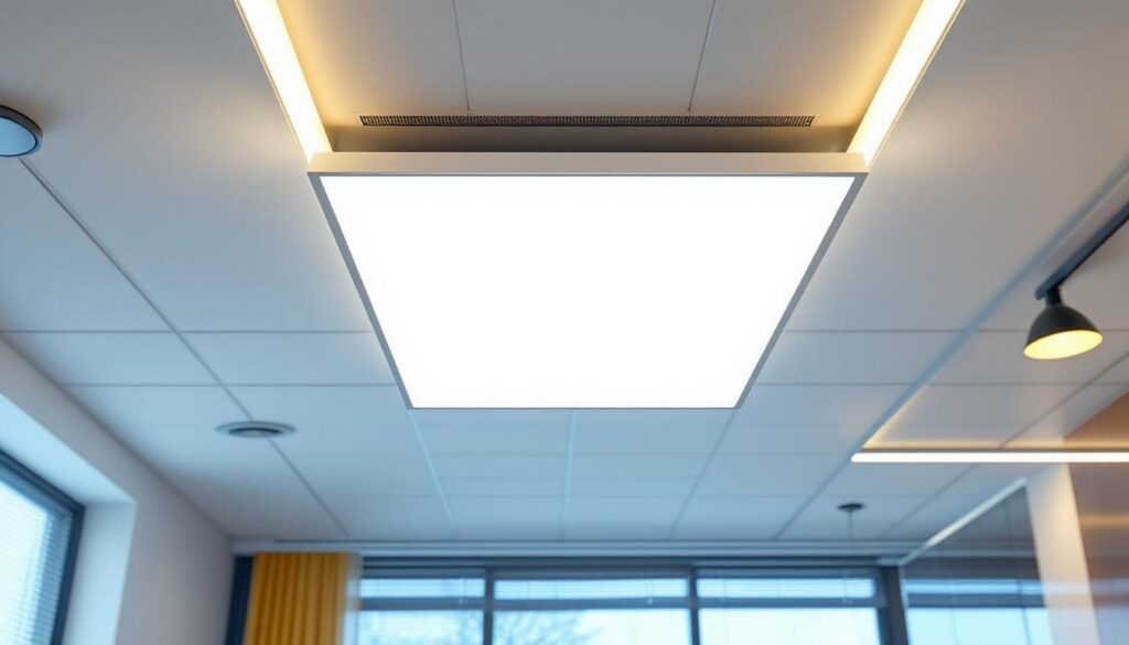 A photograph of a modern ceiling featuring a sleek led panel light installation