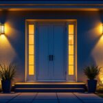 A photograph of a beautifully illuminated outdoor space featuring stylish door lights