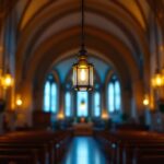 A photograph of a beautifully designed church pendant light fixture hanging elegantly in a serene church interior