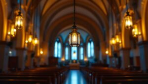 A photograph of a beautifully designed church pendant light fixture hanging elegantly in a serene church interior