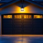 A photograph of a beautifully illuminated exterior garage featuring a stylish light fixture above the door