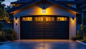 A photograph of a beautifully illuminated exterior garage featuring a stylish light fixture above the door