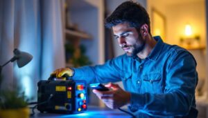 A photograph of a lighting contractor in action