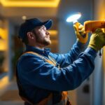 A photograph of a skilled lighting contractor installing a retrofit led kit in a modern residential or commercial space
