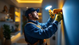A photograph of a skilled lighting contractor installing a retrofit led kit in a modern residential or commercial space