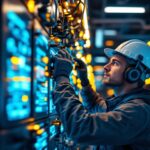 A photograph of a lighting contractor expertly adjusting a sophisticated commercial lighting control system