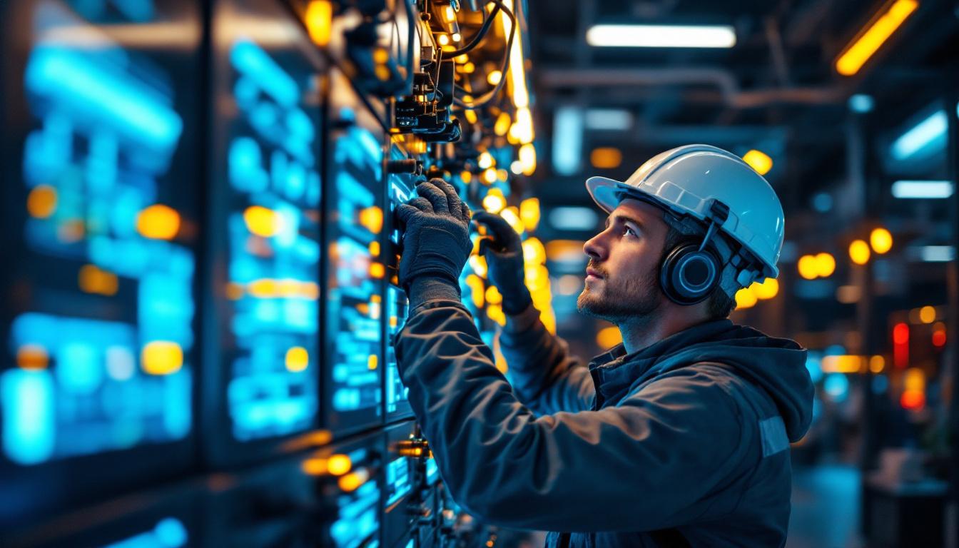 A photograph of a lighting contractor expertly adjusting a sophisticated commercial lighting control system