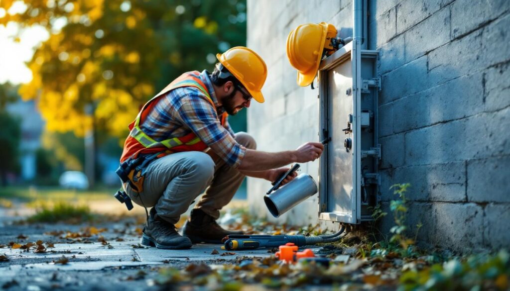 A photograph of a lighting contractor working outdoors