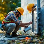 A photograph of a lighting contractor working outdoors