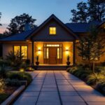 A photograph of a beautifully illuminated outdoor space featuring strategically placed exterior lights that enhance the ambiance of a home