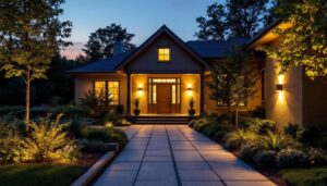 A photograph of a beautifully illuminated outdoor space featuring strategically placed exterior lights that enhance the ambiance of a home