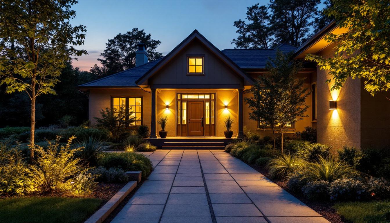 A photograph of a beautifully illuminated outdoor space featuring strategically placed exterior lights that enhance the ambiance of a home