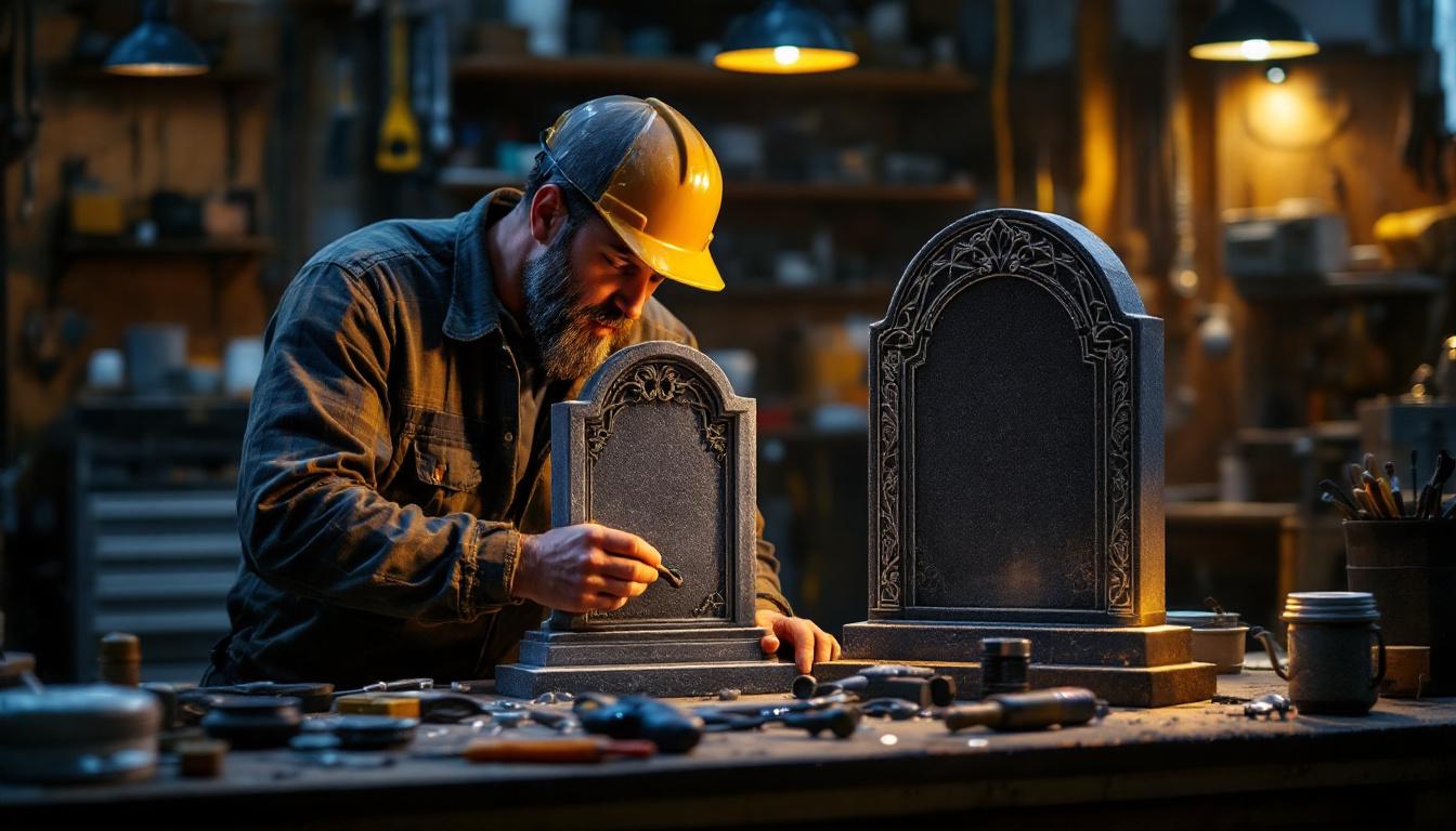 A photograph of a lighting contractor examining and comparing shunted and non-shunted tombstones in a well-lit workshop setting
