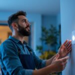 A photograph of a lighting contractor installing a motion sensor switch in a modern home