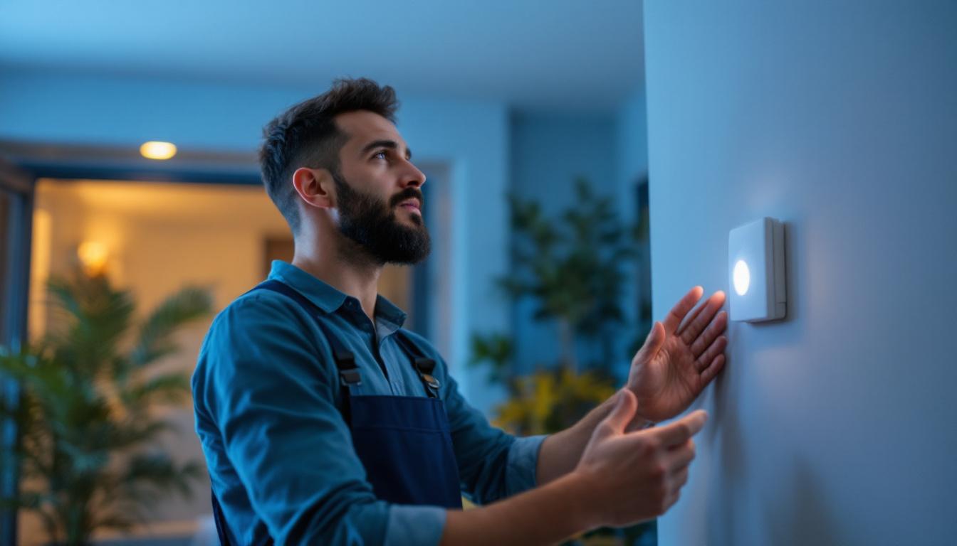 A photograph of a lighting contractor installing a motion sensor switch in a modern home