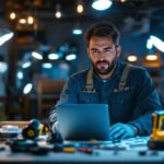 A photograph of a lighting contractor working diligently at a job site