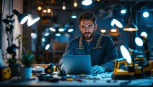A photograph of a lighting contractor working diligently at a job site