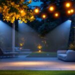 A photograph of a well-lit outdoor space showcasing various motion light fixtures in action