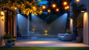 A photograph of a well-lit outdoor space showcasing various motion light fixtures in action