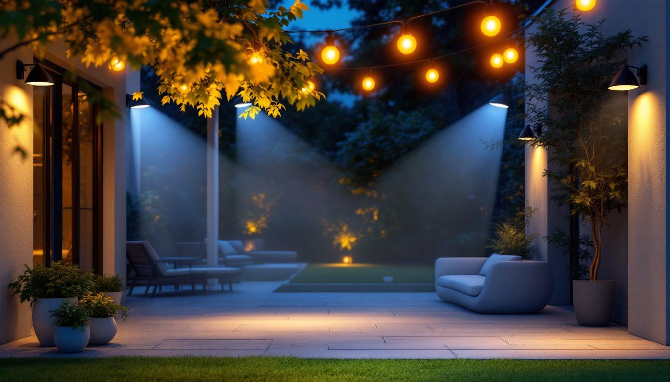 A photograph of a well-lit outdoor space showcasing various motion light fixtures in action