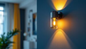 A photograph of a stylish wall sconce lighting fixture installed in a modern home setting