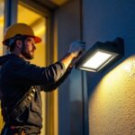 A photograph of a lighting contractor installing a rab lighting led flood light on a building exterior during twilight