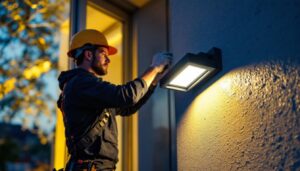 A photograph of a lighting contractor installing a rab lighting led flood light on a building exterior during twilight