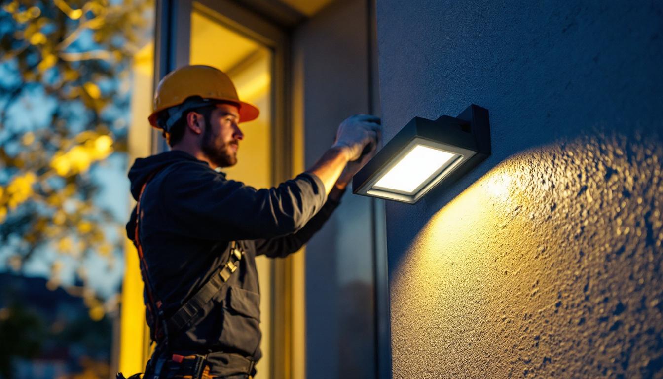 A photograph of a lighting contractor installing a rab lighting led flood light on a building exterior during twilight