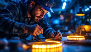 A photograph of a skilled lighting contractor expertly connecting led tape lights