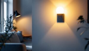 A photograph of a stylish wall outlet light in a well-lit room setting