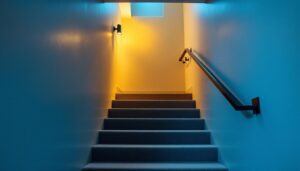 A photograph of a well-lit basement stairway featuring modern lighting fixtures