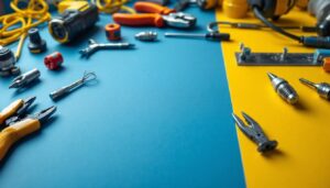 A photograph of a well-organized workspace featuring a variety of essential electrical hand tools