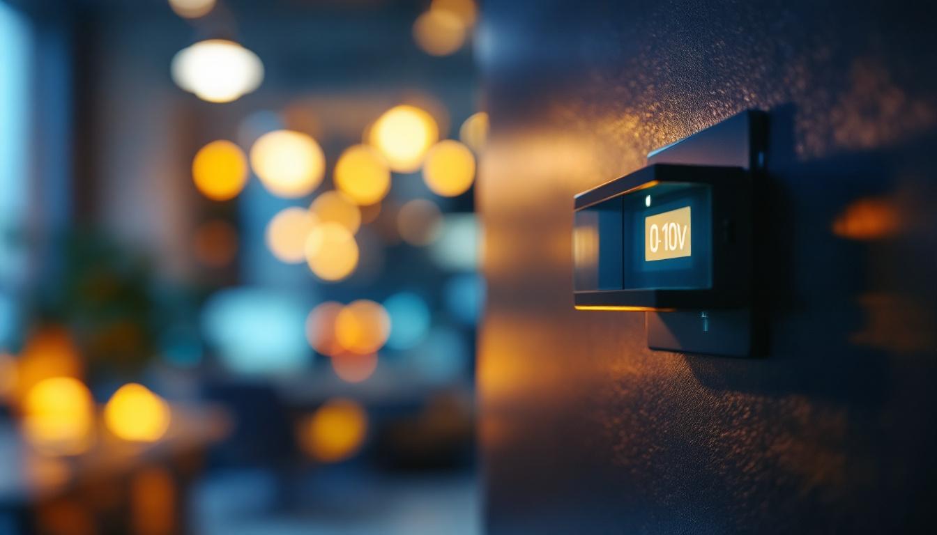 A photograph of a lighting contractor adjusting a 0 to 10v dimmer switch in a modern