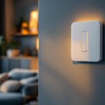 A photograph of a modern smart home light switch installed in a stylish living room setting