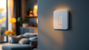 A photograph of a modern smart home light switch installed in a stylish living room setting