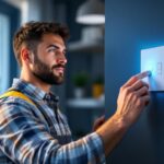 A photograph of a lighting contractor installing a programmable light switch timer in a modern home setting