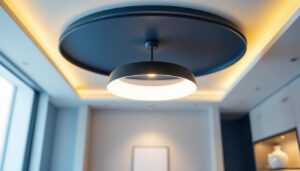 A photograph of a stylish and modern lamp ceiling installation in a well-lit