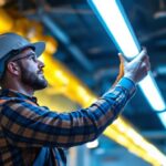 A photograph of a lighting contractor installing t8 led tube lights in a commercial setting
