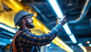 A photograph of a lighting contractor installing t8 led tube lights in a commercial setting